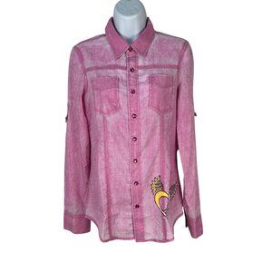 Sinful Womens Pink Long-Sleeve Button-Up Shirt Graphic Design Size Small